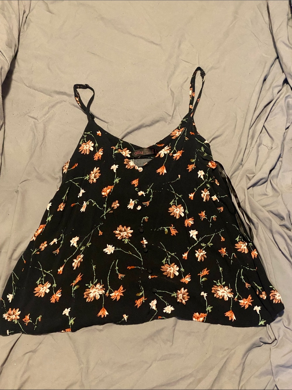 Floral Spaghetti-Strap Cami in Black with Orange & White Blooms